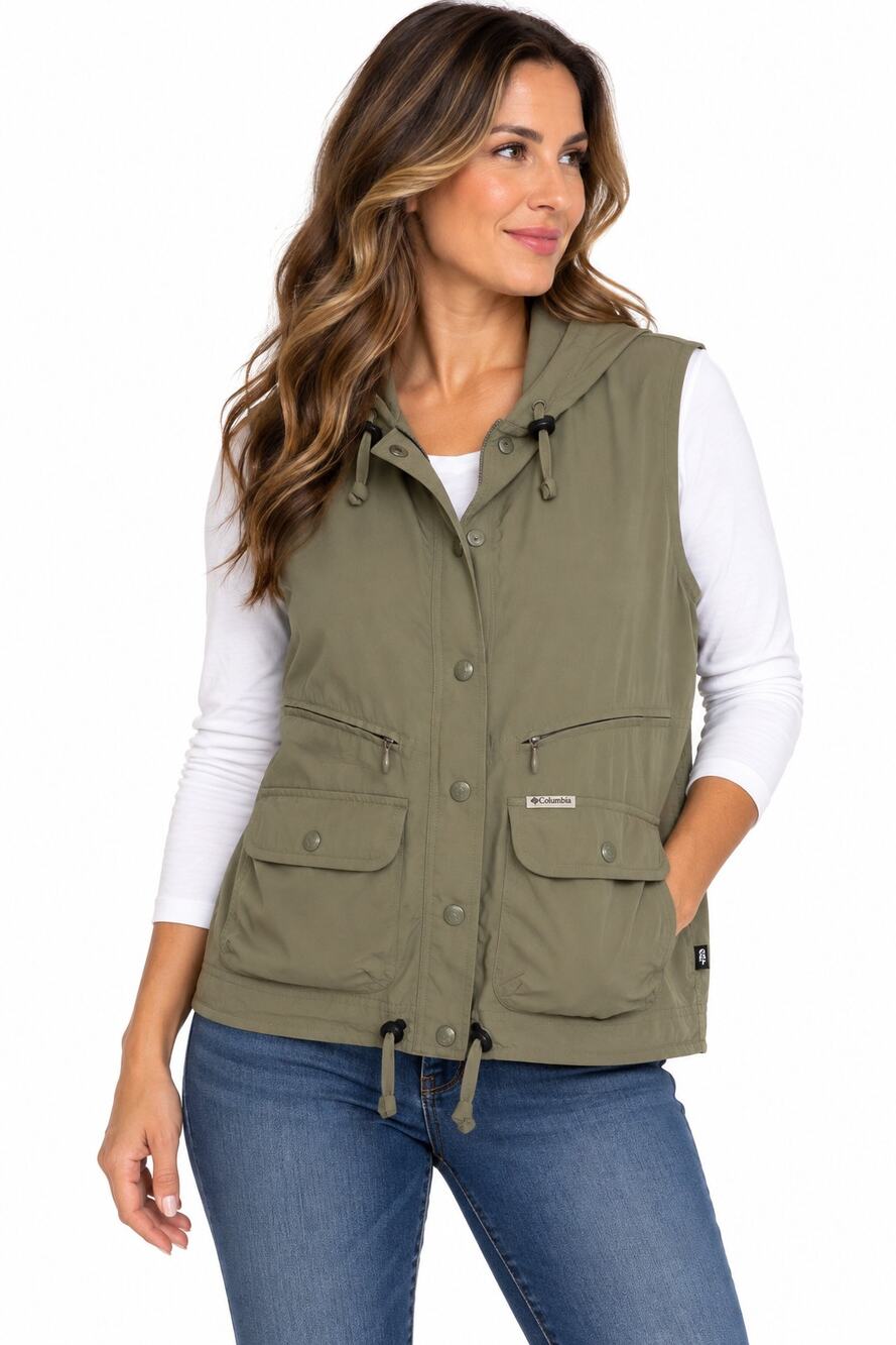 D151 Columbia Womens Large Olive Green Hooded Utility Fishing Vest Nylon